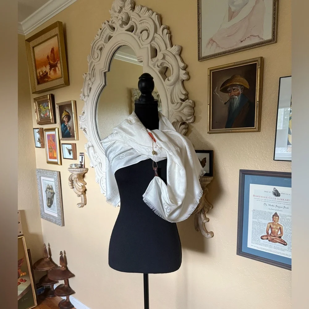 Gucci Cream Jacquard GG Silk Blend Scarf